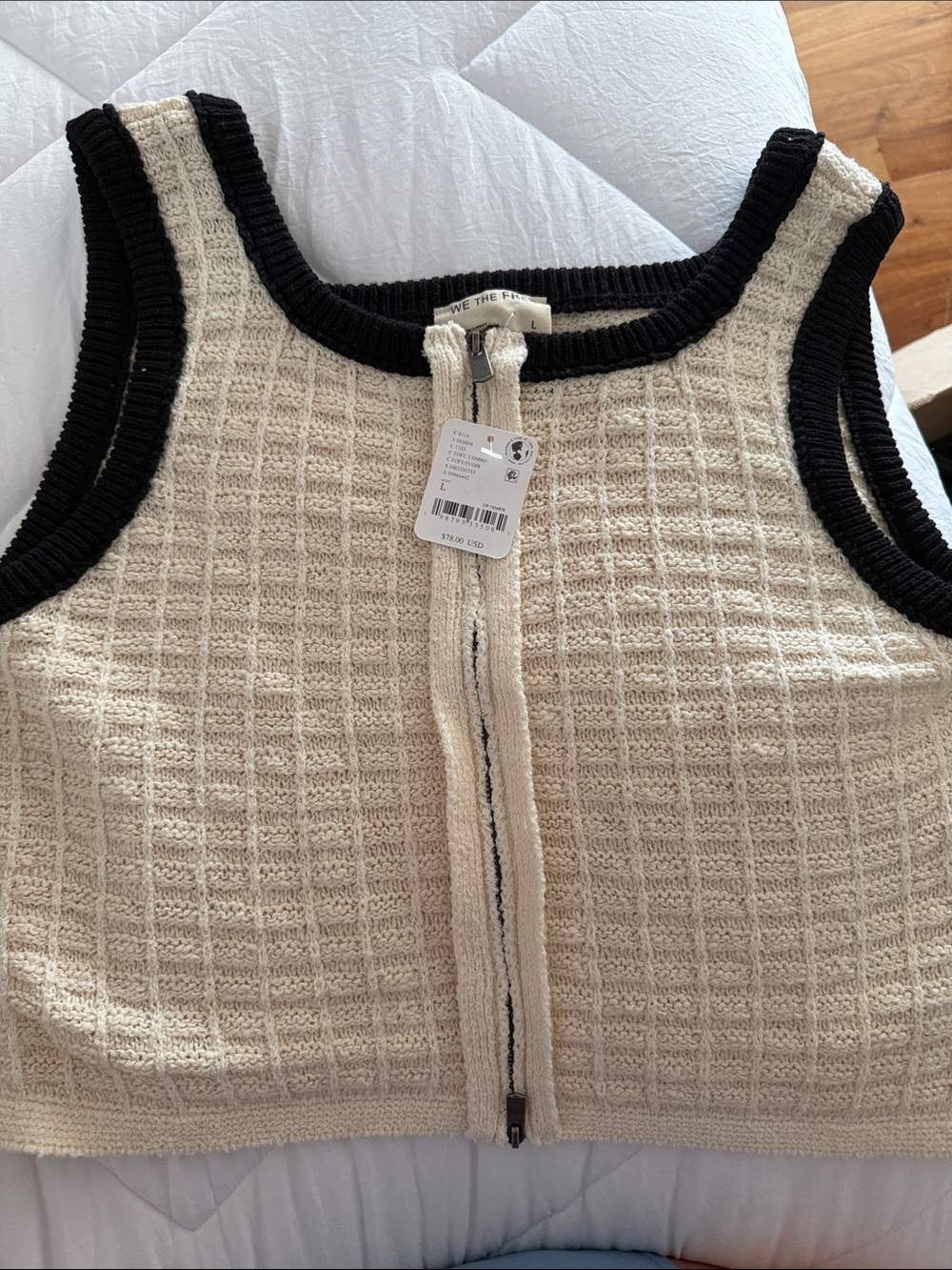 Free People Cream Waffle-Knit Zip Crop Tank with Black Trim